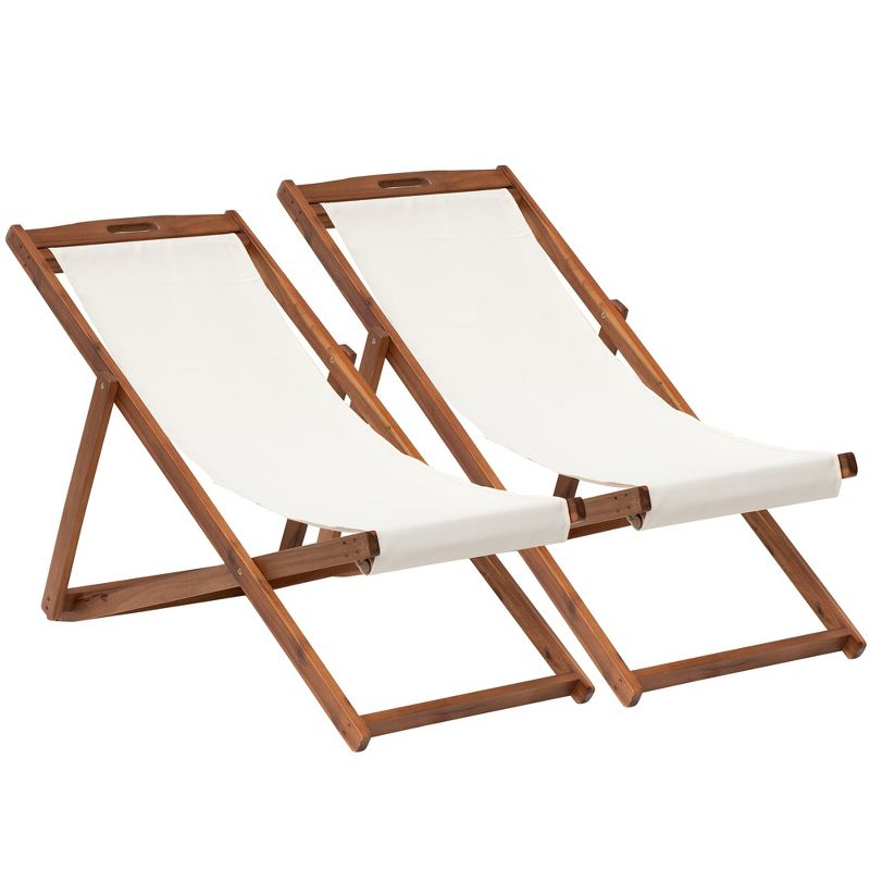 FDW Beach Sling Patio Chair for Relaxing, Foldable with Adjustable Height Made from Eucalyptus Wood with White Polyester,Khaki