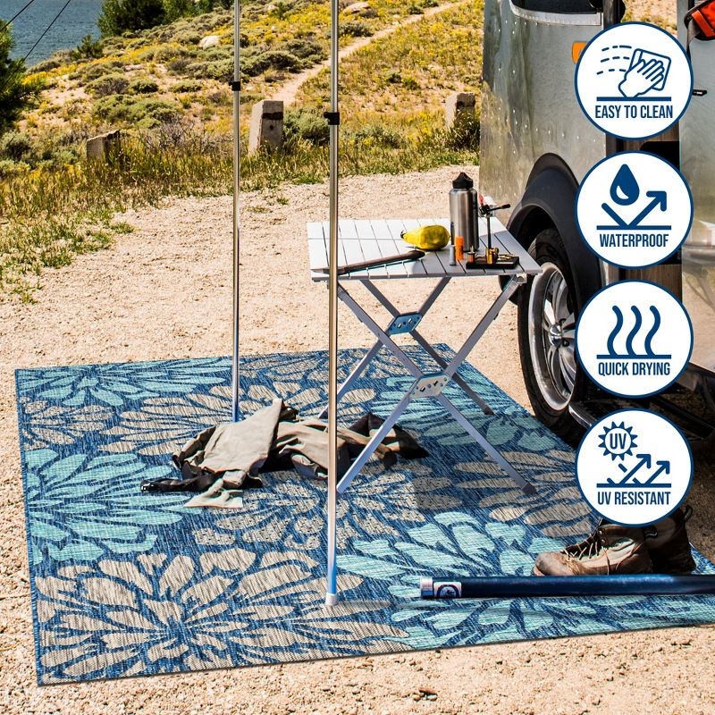 3'x5' Zinnia Modern Floral Textured Weave Indoor/Outdoor Area Rug, Navy/Aqua - JONATHAN Y