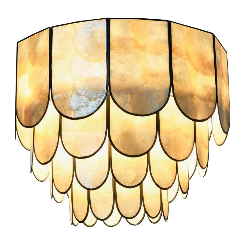 Storied Home 14" Round 4-Tier Capiz and Metal Flush Mount Ceiling Light Black: UL Listed, Iron Body, Off-White Shade
