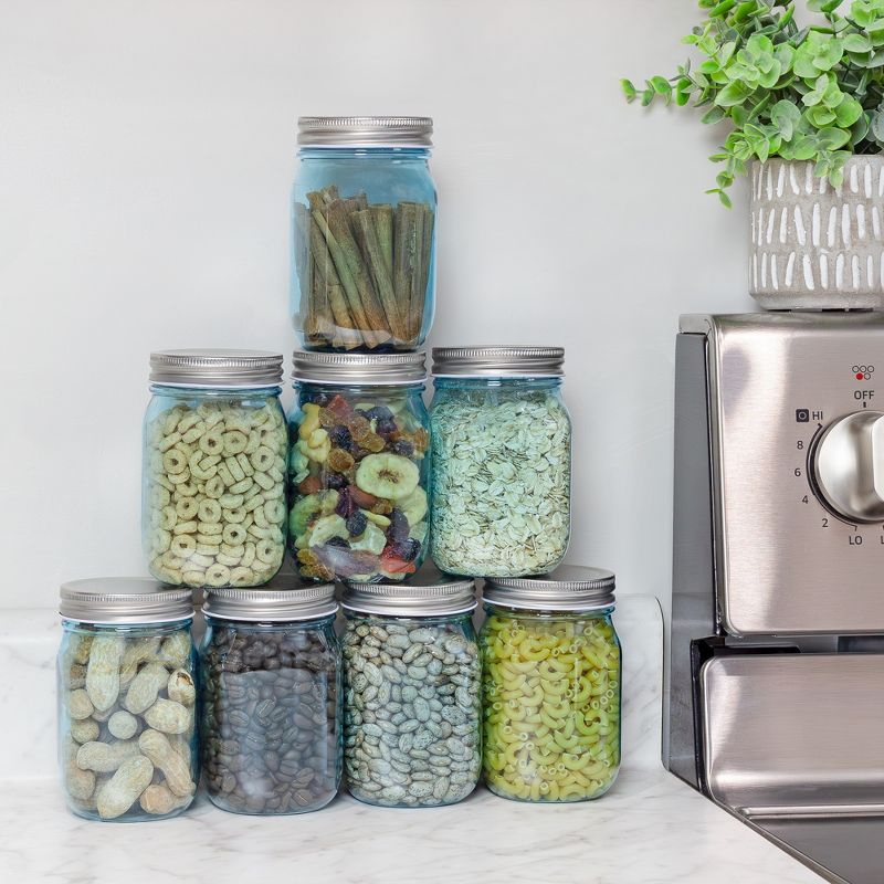 Cornucopia Brands 16oz Plastic Mason Jars 8pk, Blue/Silver; Mason Jar Style w/ Metal Lids, Pint Size, Compatible w/ Regular Mason Jar Lids