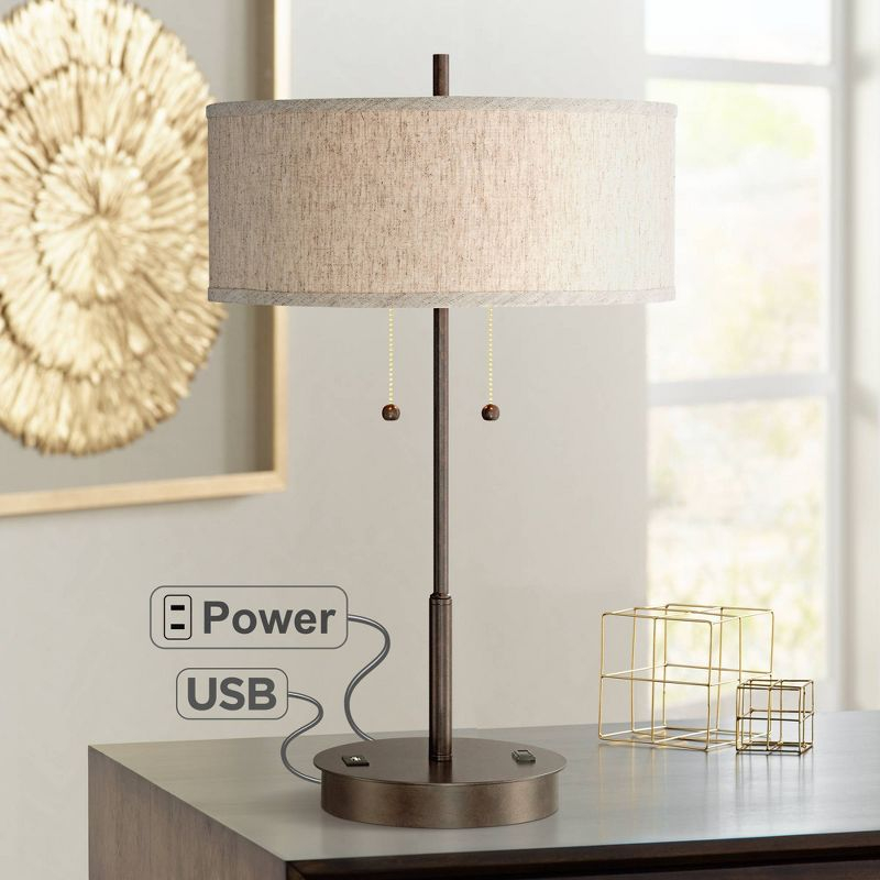 360 Lighting Modern Accent Table Lamp with USB and AC Power Outlet 23 1/2" High Bronze Fabric Drum Shade for Bedroom Living Room House Desk Bedside