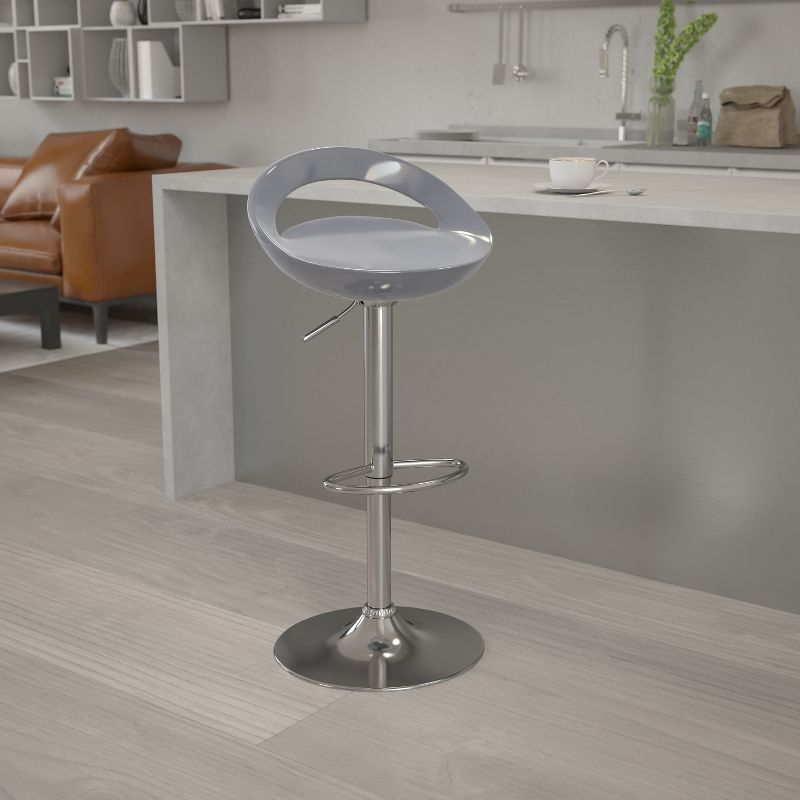 Flash Furniture Contemporary Silver Plastic Adjustable Height Barstool with Rounded Cutout Back and Chrome Base