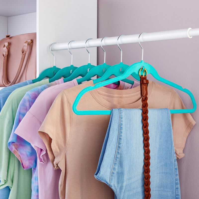 Juvale 50 Pack Non Slip Teal Velvet Clothes Hangers with Cascading Hooks Space Saving for Shirts, Coats, Pants, Suits, and Dresses, 17.5 Inches