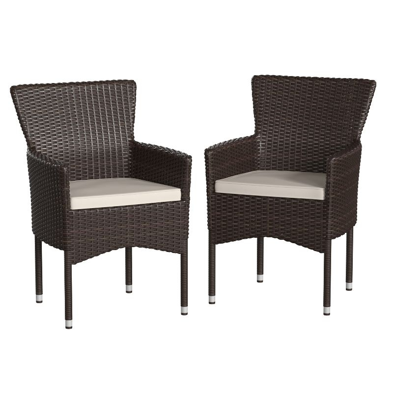 Flash Furniture Maxim Modern Espresso Wicker Patio Armchairs for Deck or Backyard, Fade and Weather-Resistant Frames and Cream Cushions-Set of 2