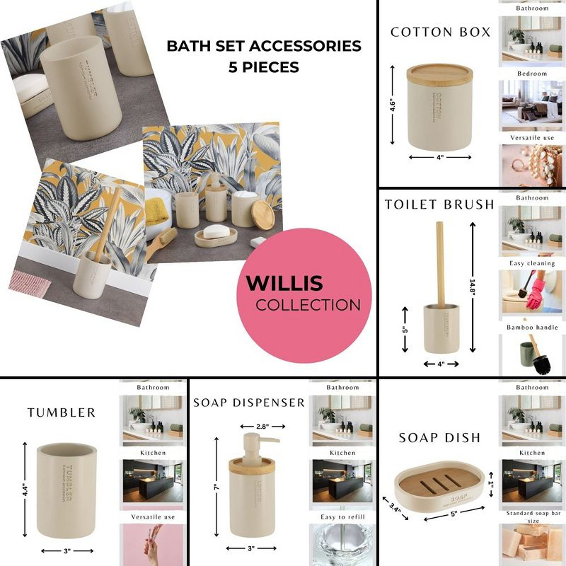 Evideco French Home Goods Chic Beige Bathroom Essentials Set with Natural Bamboo - 5 pieces