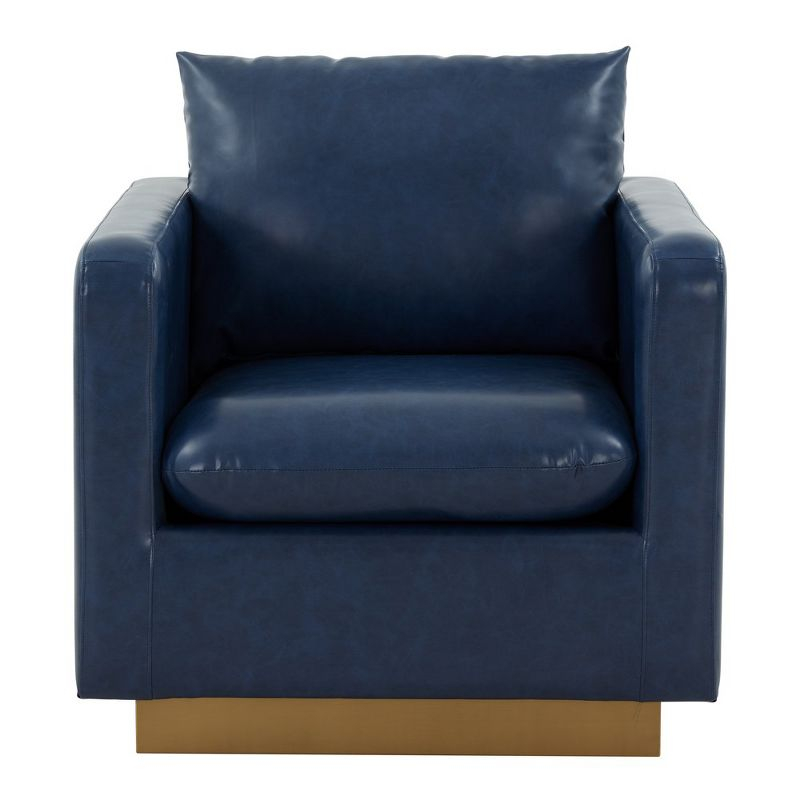 LeisureMod Nervo Accent Arm Chair Upholstered in Faux Leather with Gold Stainless Steel Frame in Navy Blue