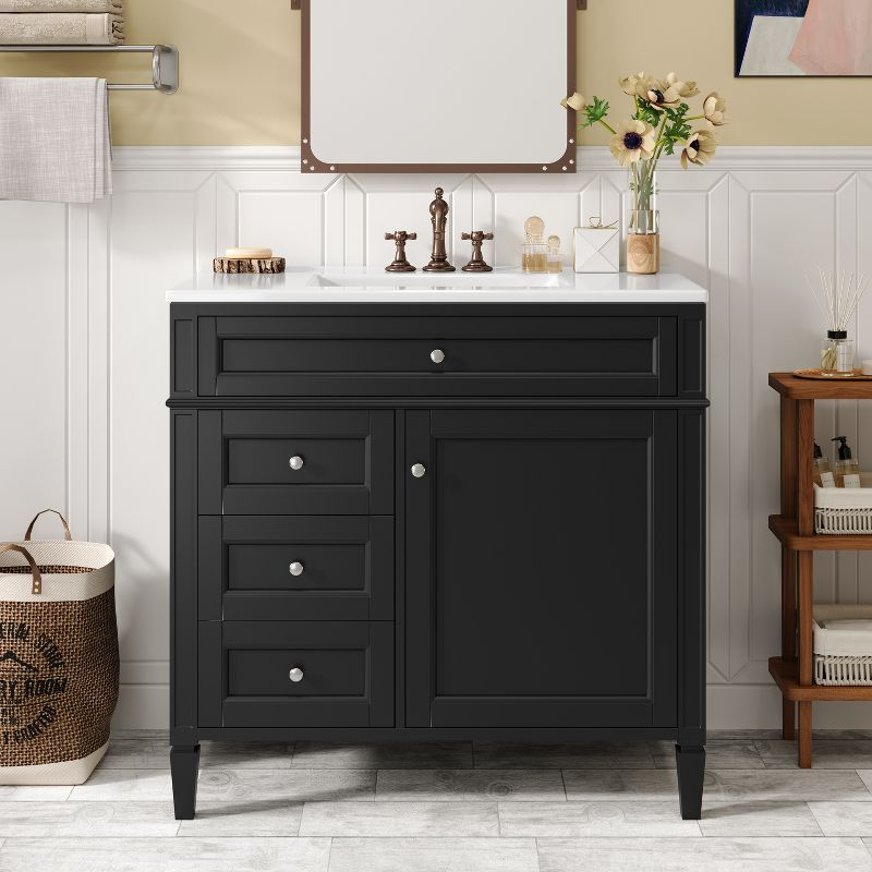36''W Bathroom Vanity with Top Sink, Modern Bathroom Storage Cabinet with 2 Drawers and a Tip-out Drawer, Black - ModernLuxe