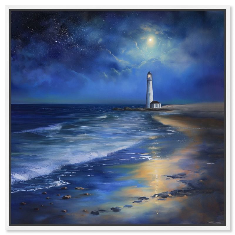 Art Remedy Lighthouse at Night Chic Coastal Wall Art, 12" x 12", White Frame