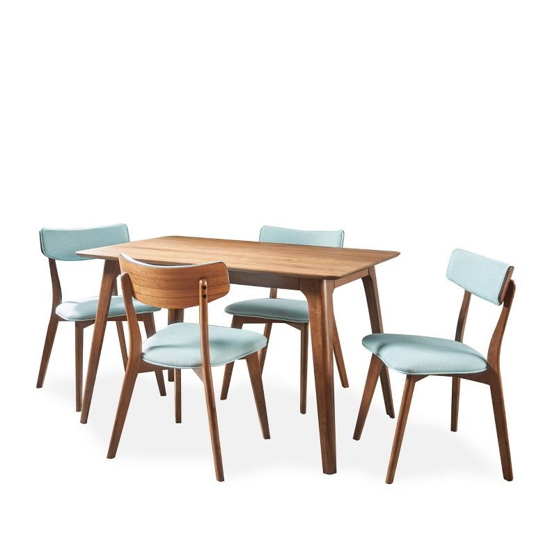 Christopher Knight Home 5pc Megann Mid Century Wood Dining Set Walnut/Mint: Polyester Upholstered Chairs, Rectangular Table
