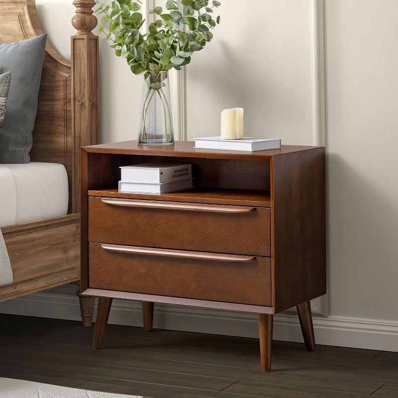 Margery Mid-century Modern 2 - Drawer Nightstand with Built-In Outlets | HULALA HOME-WALNUT