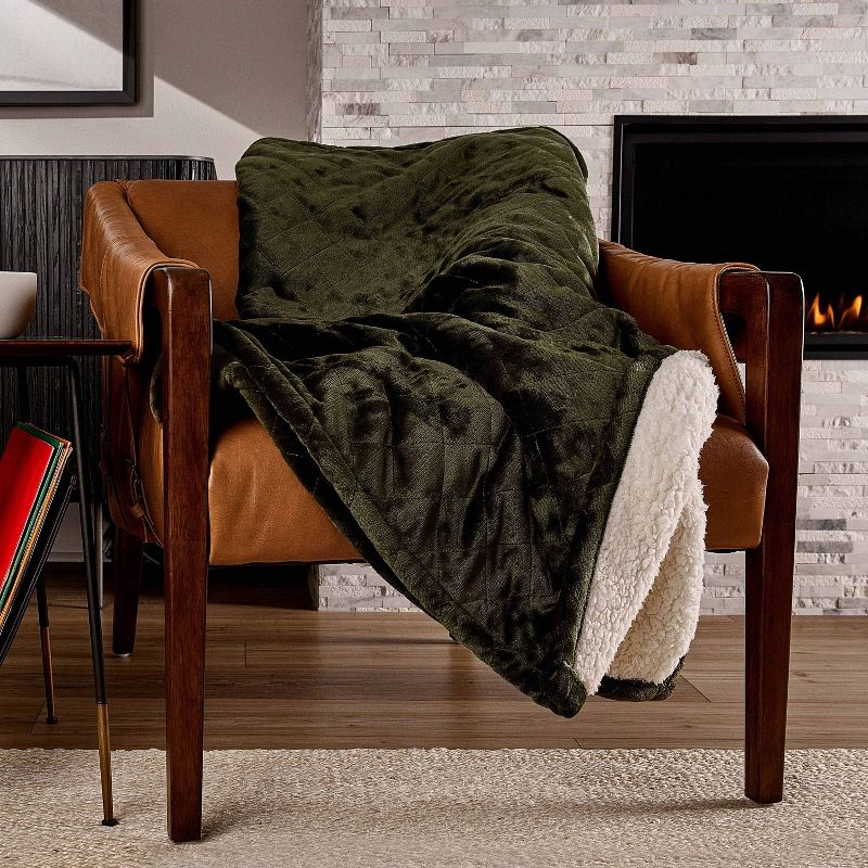 Sunbeam 50" x 60" Quilted Nordic Velvet Reverse Shearling Heated Throw Electric Blanket Olive: Lightweight, Machine Washable