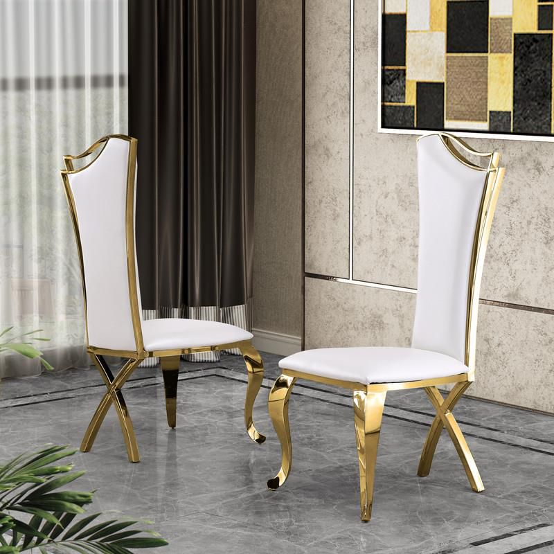 Elegant Side Chairs in White Faux Leather and Gold Stainless Steel (Set of 2)