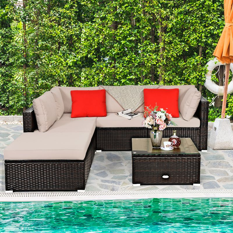 Tangkula 6PCS Patio Rattan Furniture Set Outdoor Sectional Sofa Set w/Coffee Table & Ottoman Brown