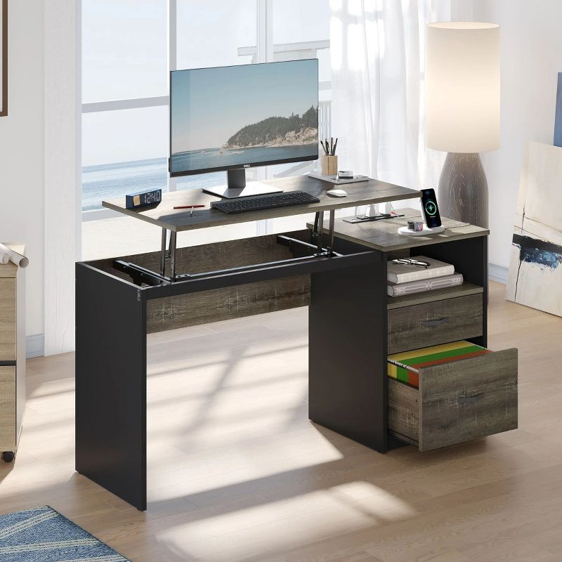 Bestier 60 Inch Home Office Desk with Power OutLets Rustic Brown