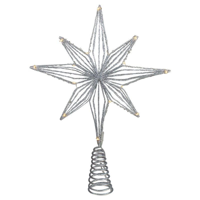Northlight Seasonal 13.75" LED Lighted B/O Silver Glittered Geometric Star Christmas Tree Topper - Warm White Lights