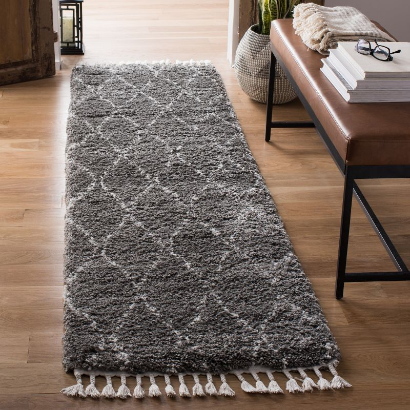 Moroccan Fringe Shag MFG328 Power Loomed Indoor Runner Rug - Grey/Ivory - 2'2"x8' - Safavieh