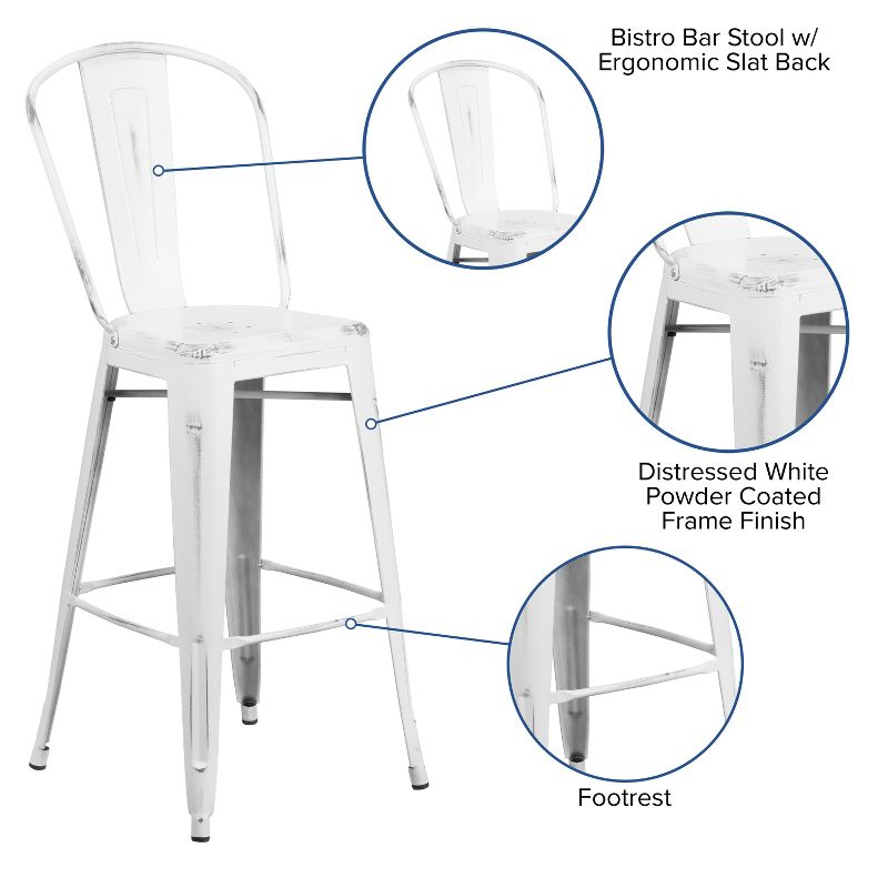 Flash Furniture Commercial Grade 30" High Distressed White Metal Indoor-Outdoor Barstool with Back