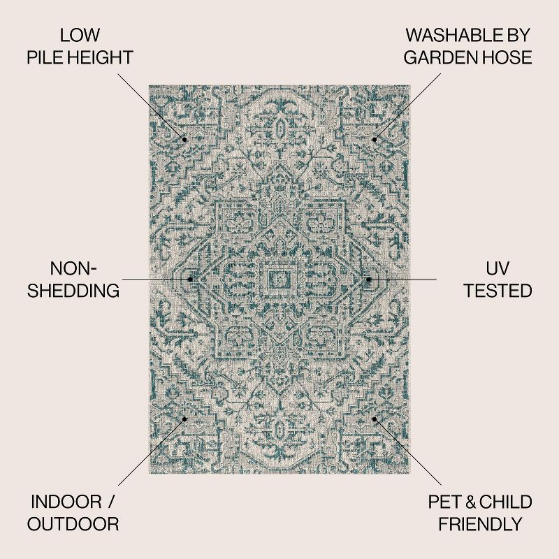 8'x10' Estrella Bohemian Medallion Textured Weave Indoor/Outdoor Area Rug, Teal/Gray - JONATHAN Y