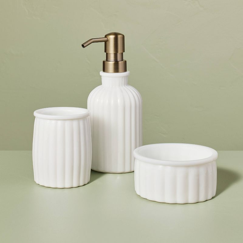 Fluted Milk Glass Soap Pump Brass Finish - Hearth & Hand™ with Magnolia: Elegant Bathroom Accessory, 10oz Capacity