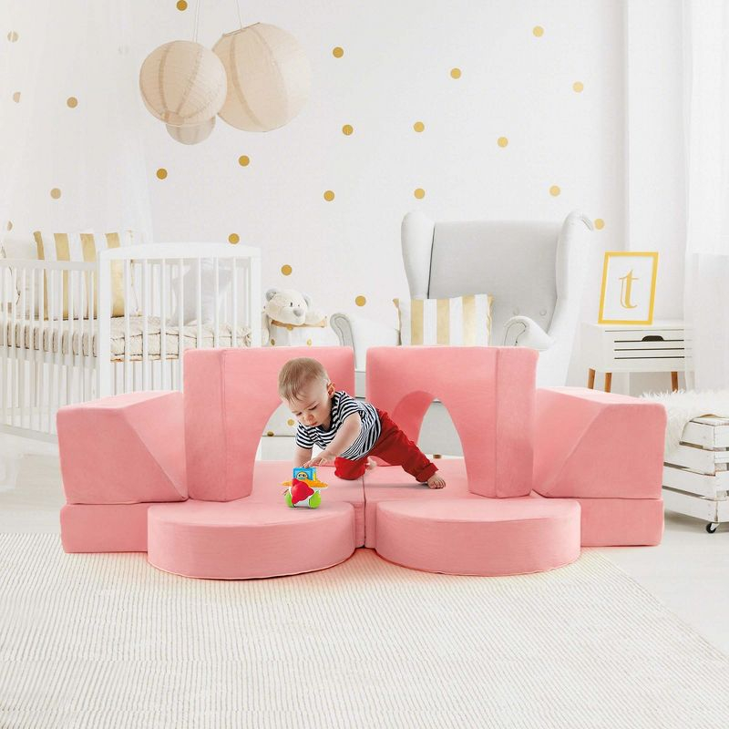 Costway Kids Modular Play Sofa 8 PCS with Detachable Cover for Playroom & Bedroom Indoor Pink
