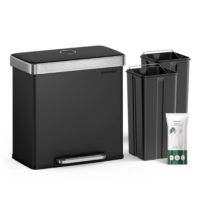 SONGMICS Kitchen Trash Can, 16 Gallon (2 x 8 Gallon) Dual Compartment Garbage Can, 60L Pedal Recycling Bin, 15 Trash Bags Included, Black