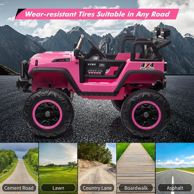Electric Ride On Car, 24V 2 Seats for Kids, with Remote Control, 4WD Spring Suspension, 2 Speeds, Music, for 3+,Pink