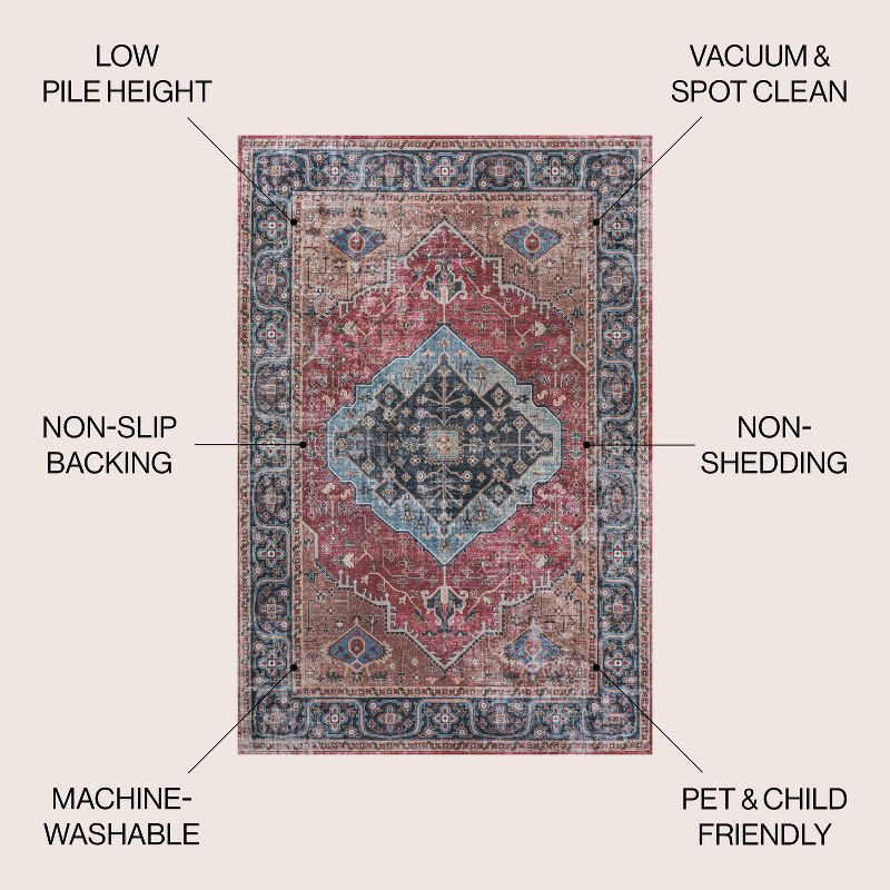Alacati Ogee Medallion Machine-Washable Red/Blue/Brown 3 ft. x 5 ft. Area Rug - JONATHAN Y