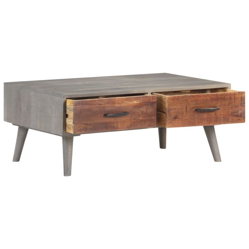 vidaXL Solid Rough Mango Wood Coffee Table with Drawers - Rectangular Couch Table in Gray and Honey Brown Finish - 39.4"x23.6"x15.7"