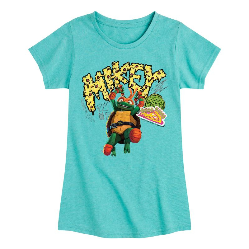 Girls' Teenage Mutant Ninja Turtles Michelangelo AKA Mikey Fitted Short Sleeve Graphic T-Shirt - Turquoise - 5T