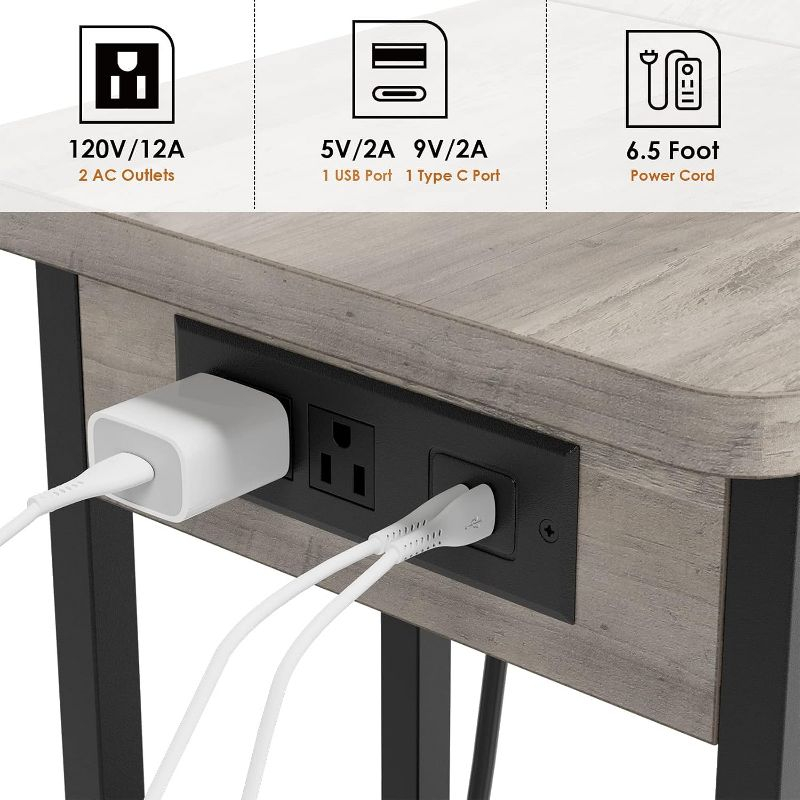 C-Shaped Side Table with Charging Station, Flip Top End Table with USB Ports and Outlets