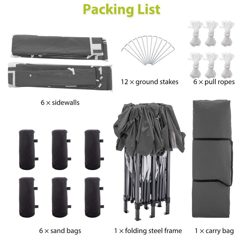 10x20in Pop Up Canopy, Canopy Tent With 6 Removable Sidewalls & Sand Bags & Pull Ropes, 12 Ground Stakes, Carry Bag, Gray