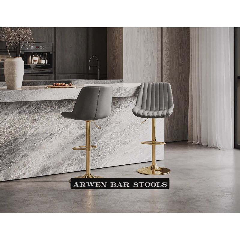 Set of 2 Arwen Adjustable Swivel Barstools with Gold Base Gray - CorLiving: Upholstered High Back, Metal Footrest