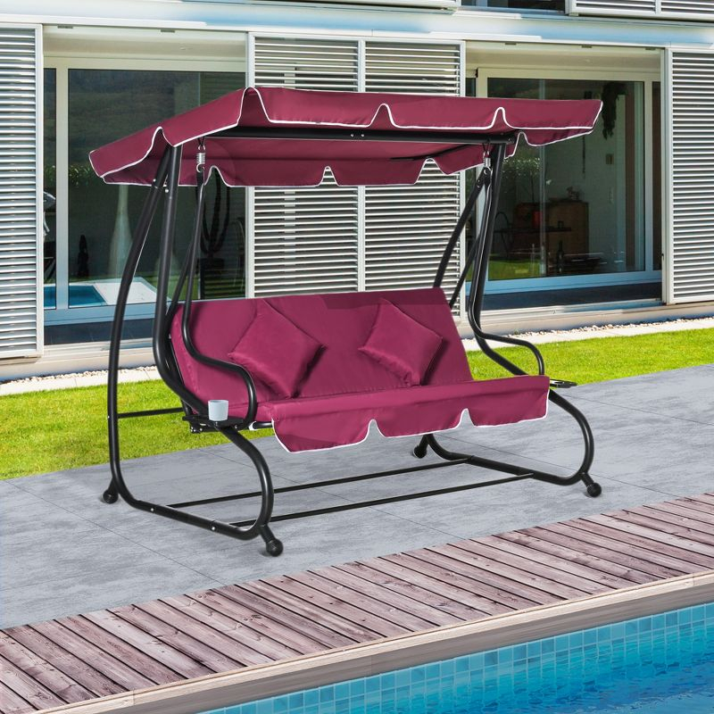 Outsunny 3 Seat Outdoor Free Standing Swing Bench Porch Swing with Stand, Comfortable Cushioned Fabric & Included Canopy, Red