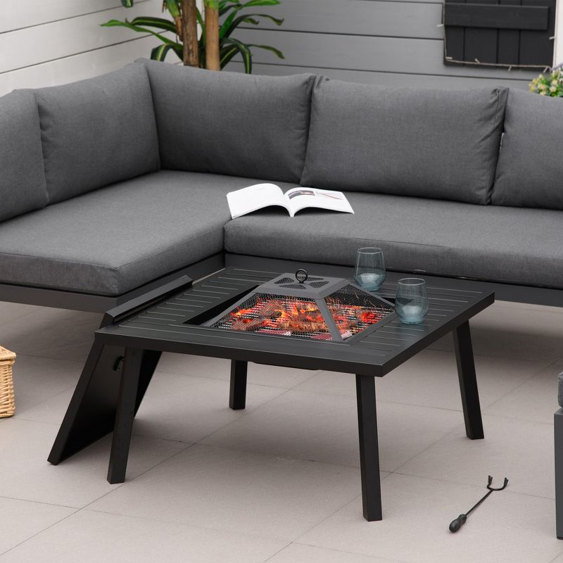 Outsunny 34" Fire Pit with Grill, Square Metal Outdoor Wood Burning Fire Pit with Spark Screen, Fire Poker, Cover, Table Lip, Black