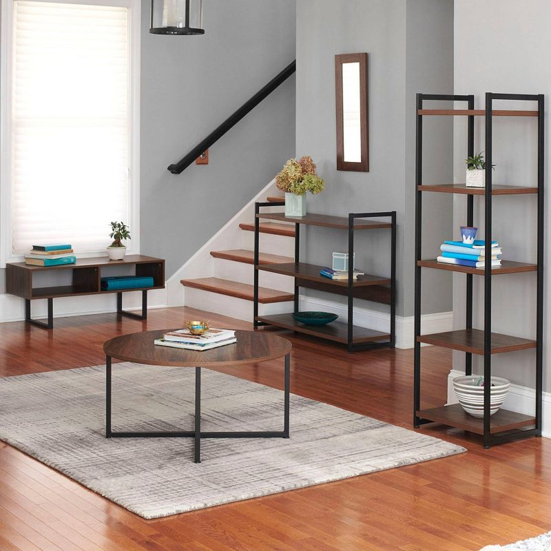 Household Essentials 32.5" Jamestown Wide 3 Shelf Bookshelf Walnut: Faux Wood, Iron Frame, Low Profile