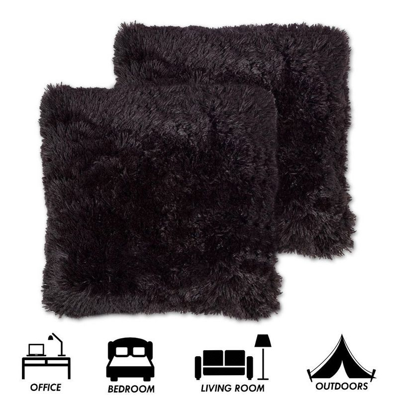 Very Soft & Comfy Plush Long Faux Fur 18" x 18" Throw Pillows 2 Pack, Black