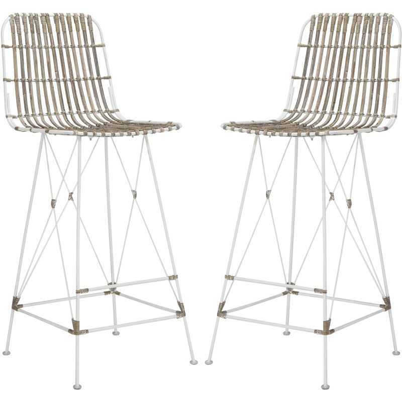 Minerva Wicker Bar Stool (Set of 2) - WIK6508 - White/White - Safavieh