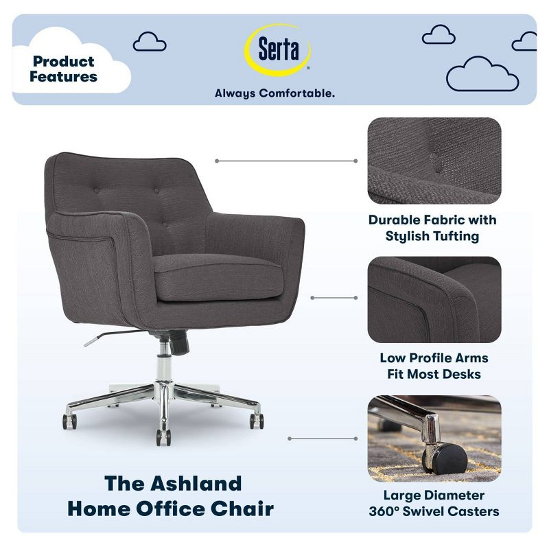 Style Ashland Home Office Chair Inviting Graphite - Serta: Mid-Century, Tufted, Adjustable