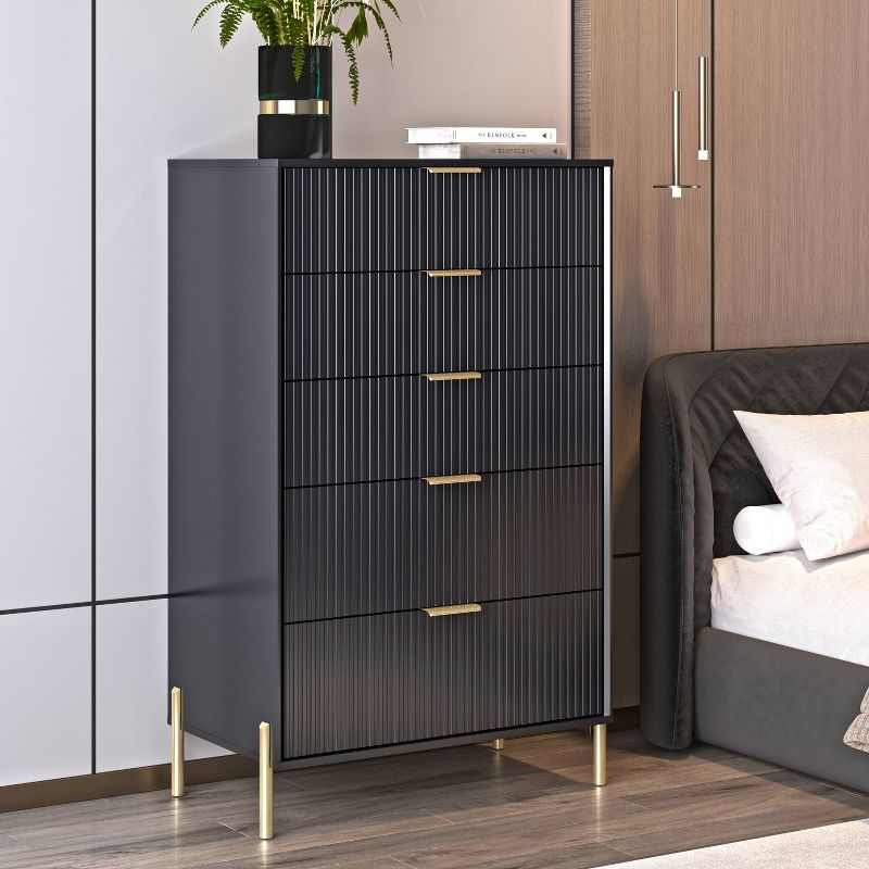 Festivo 5 Drawer Chest of Drawers Black: Modern Vertical Dresser, MDF Construction, Includes Anti-Tip Hardware
