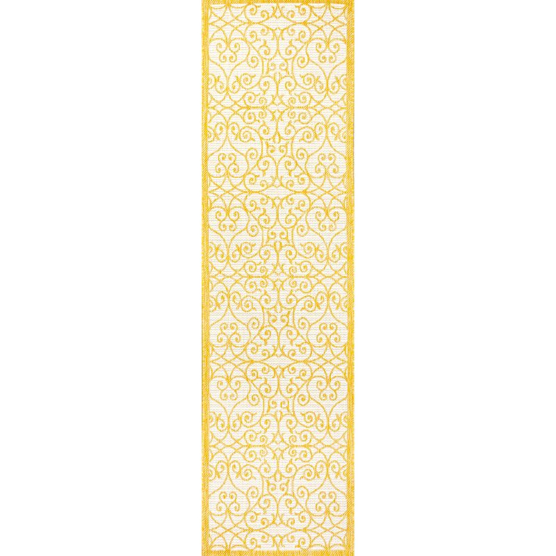 2' x 8' Madrid Vintage Filigree Textured Weave Indoor/Outdoor Runner Rug, Cream/Yellow - JONATHAN Y