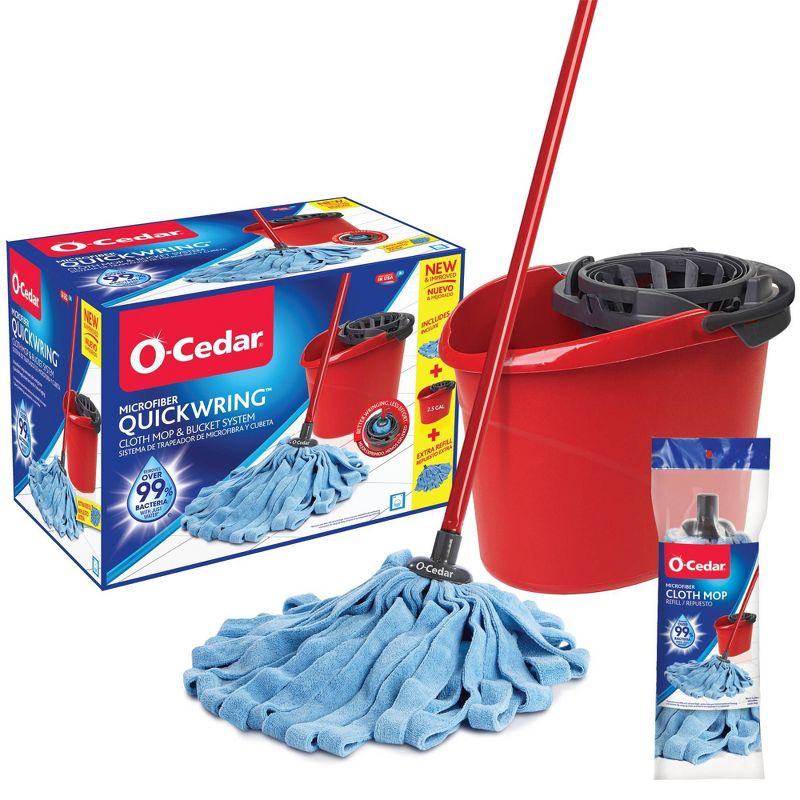 O-Cedar Microfiber Cloth Mop & QuickWring Bucket System with 1 Extra Mop Head Replacement