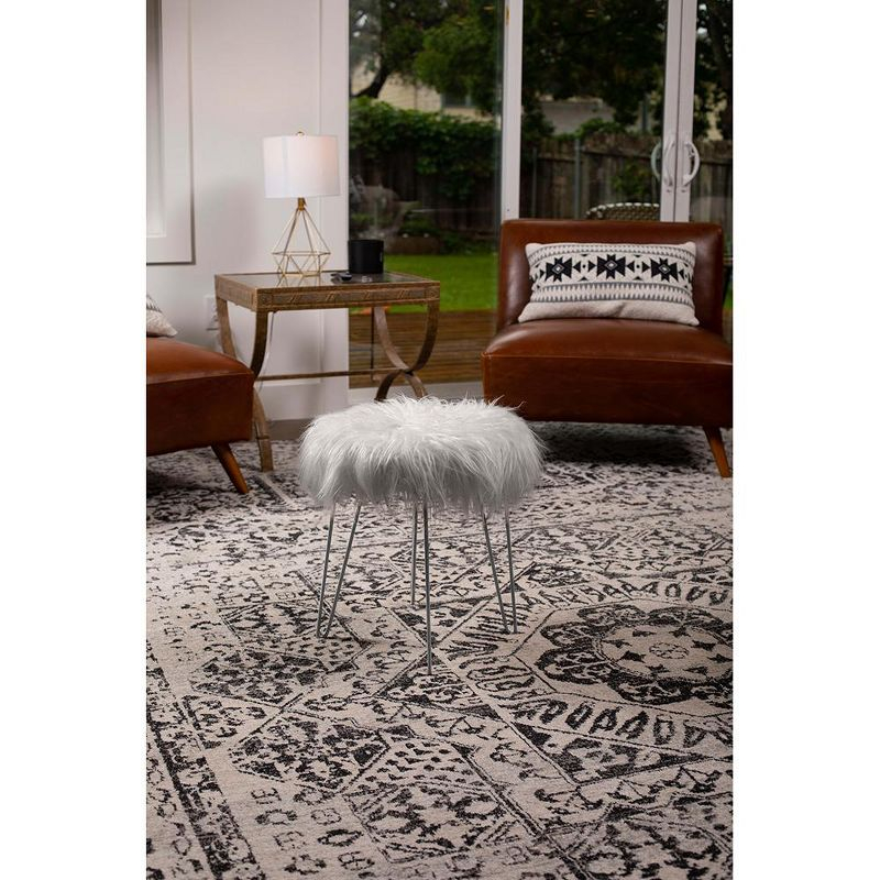 BirdRock Home Round Faux Fur Foot Stool Ottoman - Grey with Silver Legs