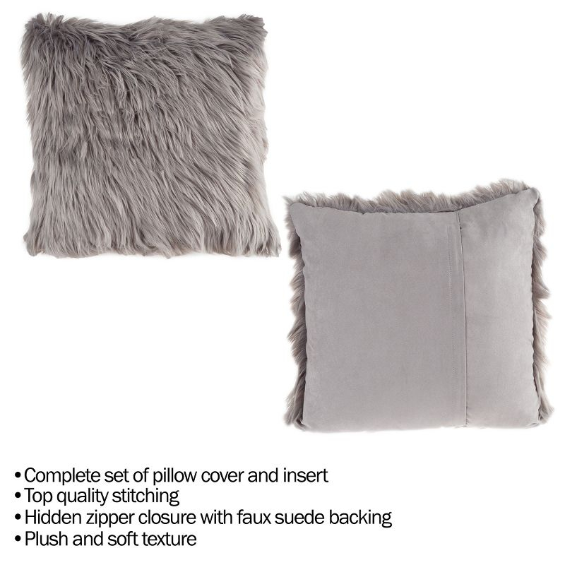 22-in. Plush Pillow Luxury Square Accent Pillow Insert and Shag Glam Cover Set for Bedroom or Living Room by Lavish Home (Gray)