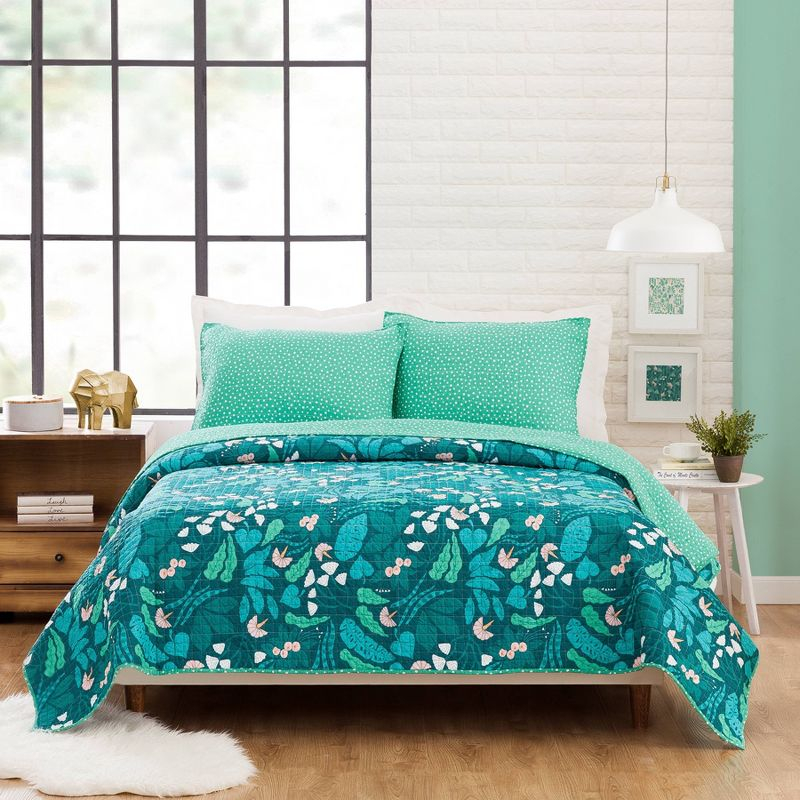 3pc Full/Queen Jungle Floral Quilt Set Green - Elizabeth Olwen for Makers Collective: Cotton Bedding Set with Shams