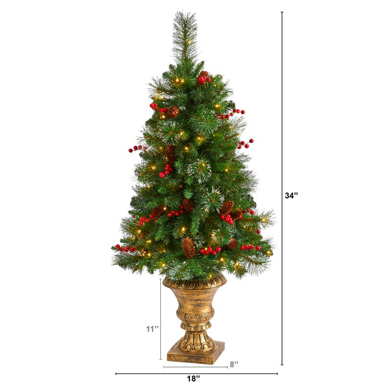Nearly Natural 4-ft Pine, Pinecone and Berries Artificial Christmas Tree with 100 Clear LED Lights in Decorative Urn