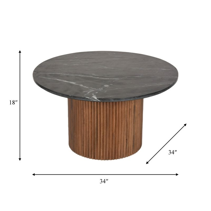Sagebrook Home 18" Mango Wood and Marble Round Reeded Coffee Table Brown/Black: Elegant Pedestal Base, No Assembly Required