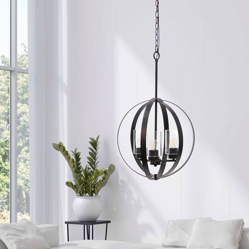 3-Light 18" Adjustable Industrial Globe Hanging Metal/Clear Glass Ceiling Pendant - Lalia Home