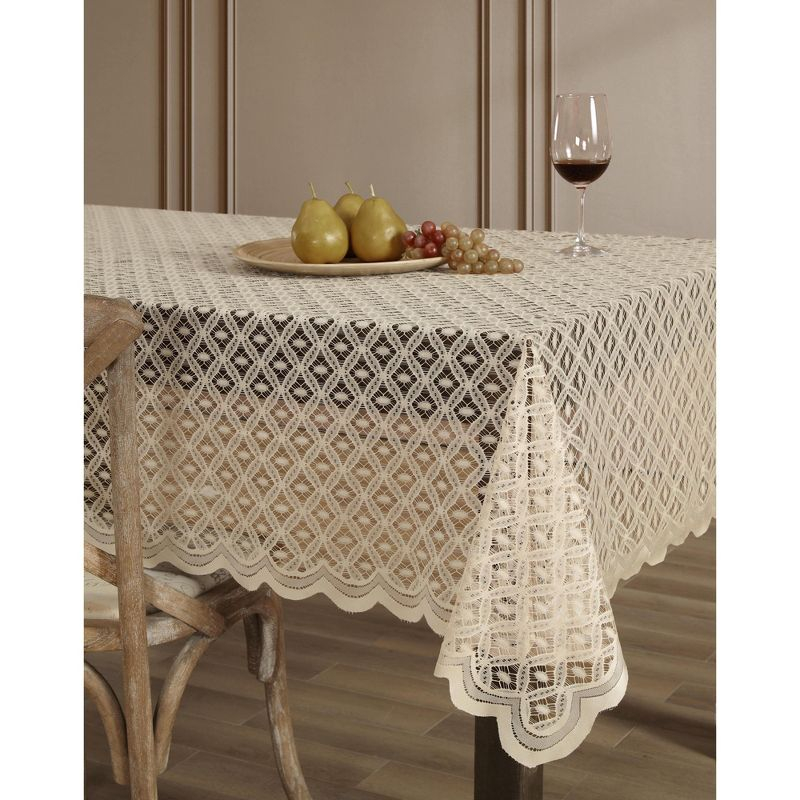 HLC.ME Alona Lace Fabric Table Cloth for Round Tables, Wrinkle Resistant, Patterned Scalloped Tablecloth - Linen, 70 Round