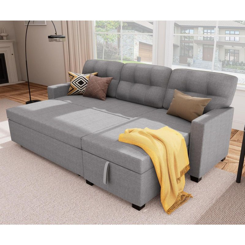 TIRAMISUBEST Reversible Sectional Sofa Couch with Sleeper Bed and Chaise Storage¨CLight Grey Linen Fabric, Pull-Out Couch for Living Room