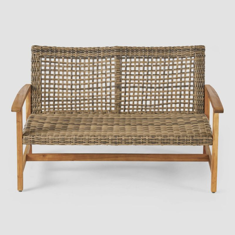 GDFStudio Jean Outdoor Acacia Wood and Wicker Loveseat, Brown